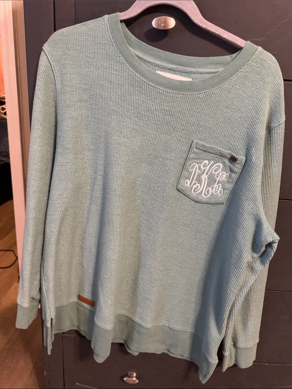Women’s Marleylilly Pocket Crewneck Sweater - Sage Green, HAS MONOGRAM- “DKC”